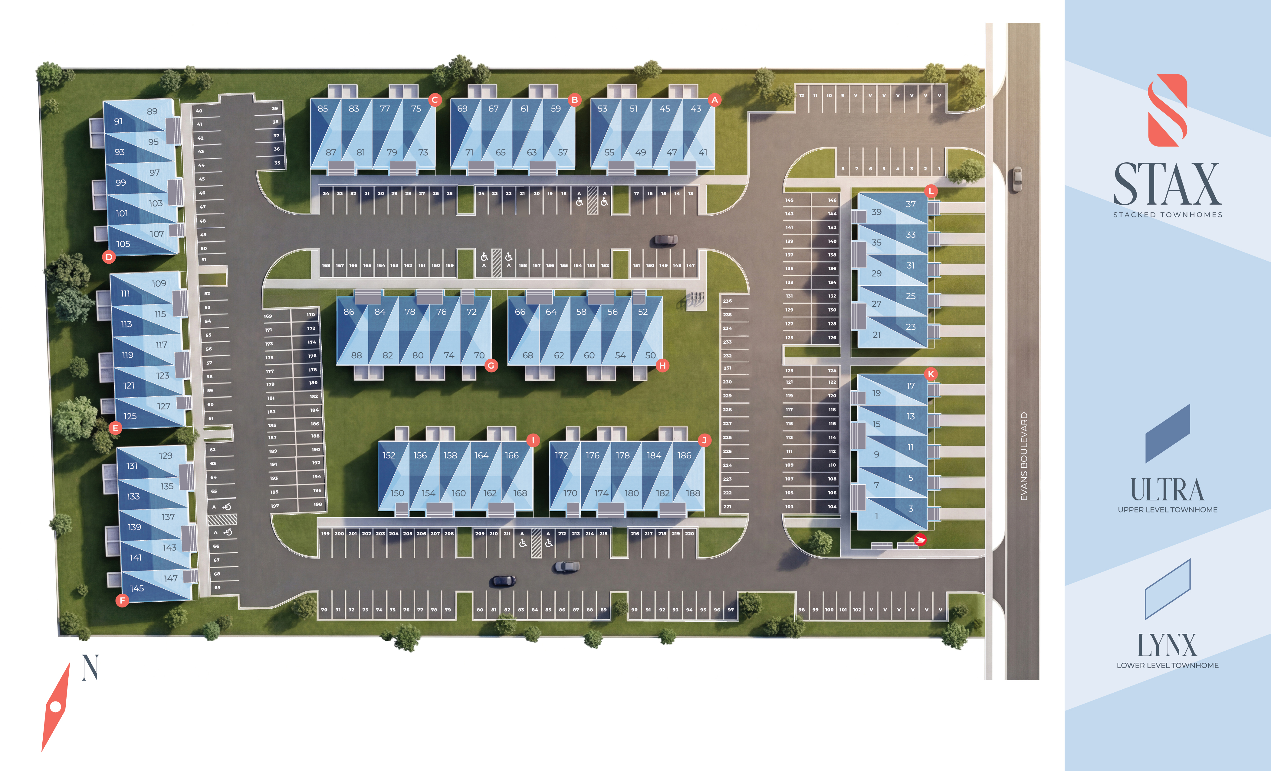 Stax stacked townhomes aerial site plan